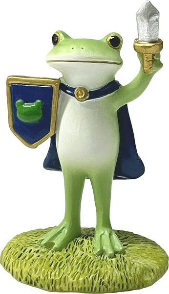 Frog figurine with a shield and sword on a white background