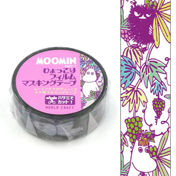 Moomin-themed tape with purple label and colorful design on white background