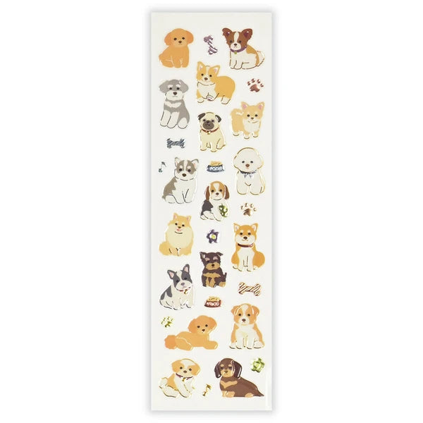 Sheet of dog-themed stickers with various dog illustrations on a white background
