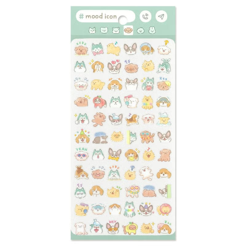 Sheet of cute animal-themed stickers with a green border and 'mood icon' text.