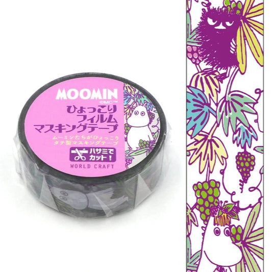 Moomin-themed tape with purple label and colorful design on white background
