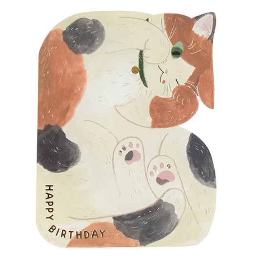 Cat-shaped birthday card with 'Happy Birthday' text on a white background