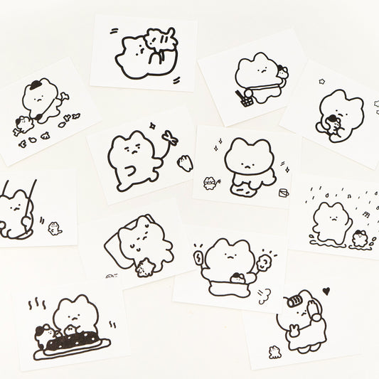 Collection of black and white cartoon cat illustrations on a white background